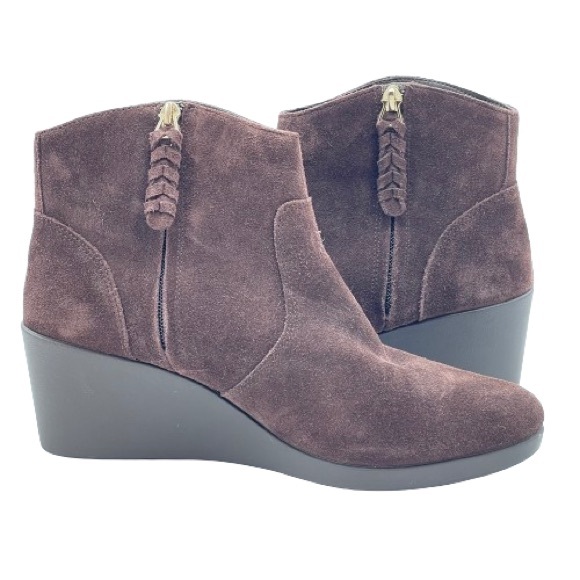 CROCS Shoes - CROCS Leigh Wedge Booties Brown Synthetic Sued Side Zip Ankle Boots W10